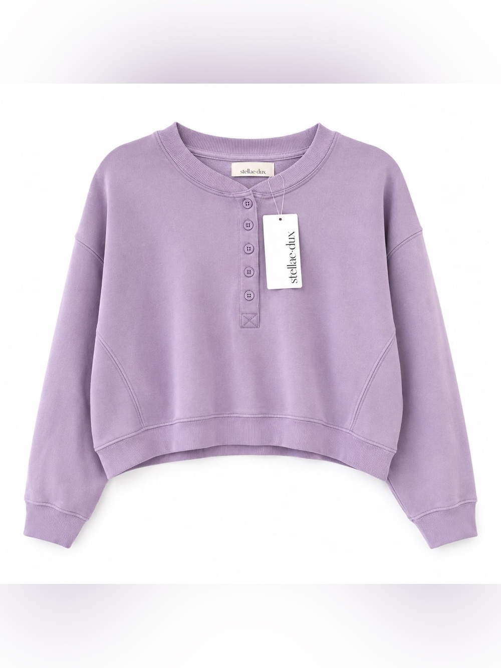 Stellae Dux Lavender Oversized Cropped Henley Sweatshirt XS NWT 100% Cotton